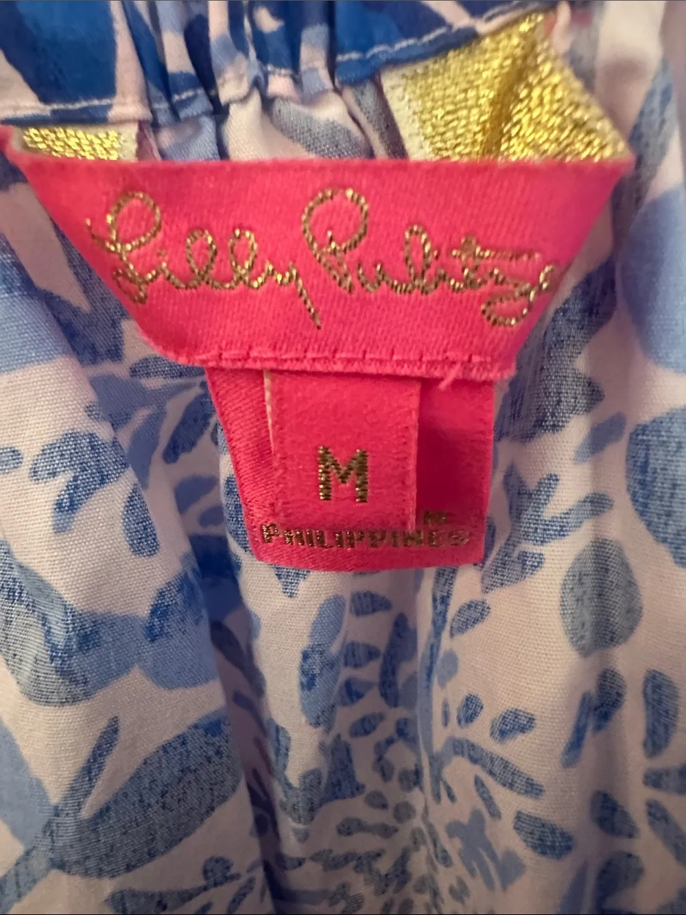 Lilly Pulitzer Pink and Blue Off-Shoulder Floral cotton blouse. Size M.